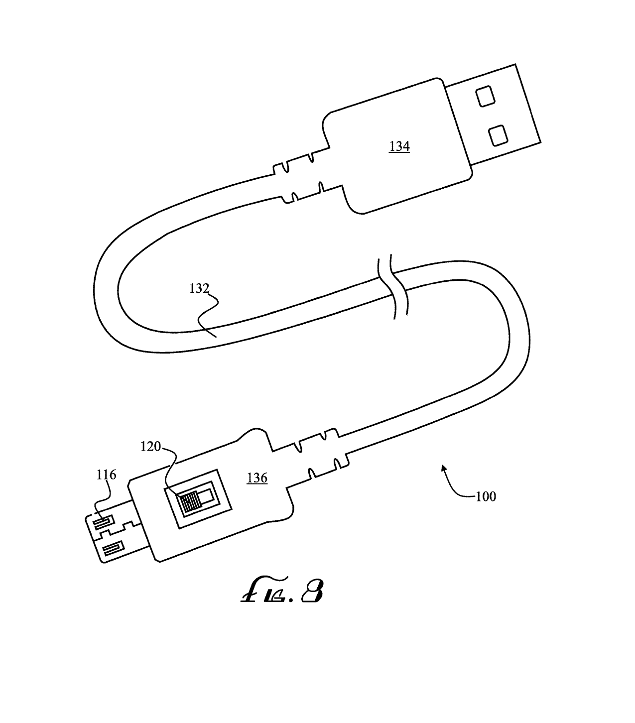 Patent drawing of the switchable cable: USB cable with the in-line switch and status-indicator module